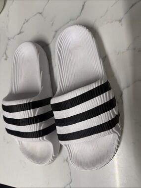 adidas White & Black Striped Slide Sandals